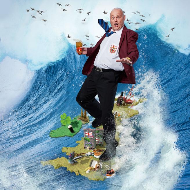 Al Murray surfing on the UK, holding a pint of beer. Icons such as Guinness and bagpipes are scattered on the map. 