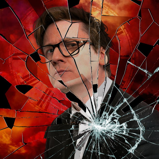 Reflection of Ed Byrne, a firey sky and an analogue clock in a smashed mirror.