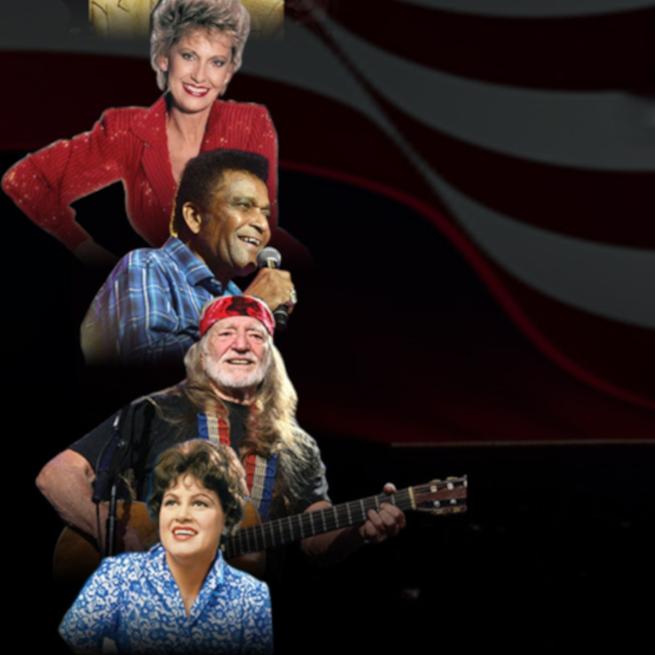 An image featuring four iconic country musicians including Patsy Cline.