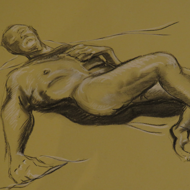 Black and white life drawing sketch of a reclining male nude on yellow paper