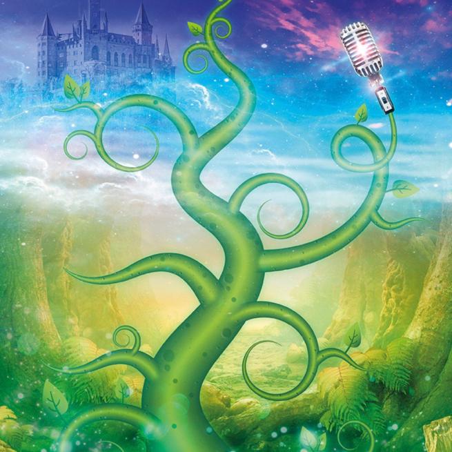 Green beanstalk twisting into the blue and purple mystical sky holding a vintage-style microphone featuring a fairytale castle in the sky. 
