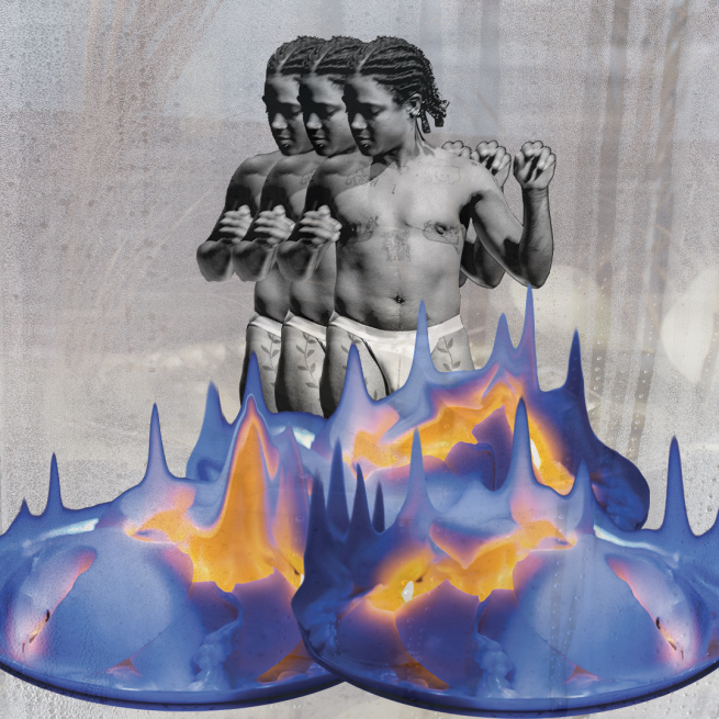 Surreal Collage of a black trans masc person with their top off in a jock strap with breast candles ablaze in the foreground
