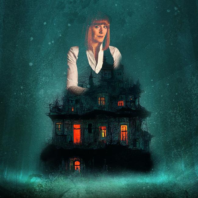 Yvette Fielding appears faded  above a spooky looking house on a dark green forsty-like background.