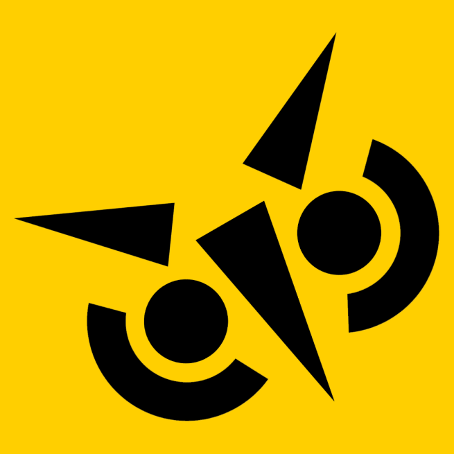 Geometric, owl-face-shaped logo on yellow background.