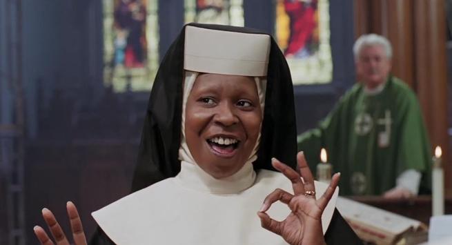 A still from Sister Act featuring Sister Mary Clarence (played by Whoopi Goldberg) giving the OK hand gesture.