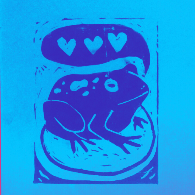 Image of a lino print featuring A FROG