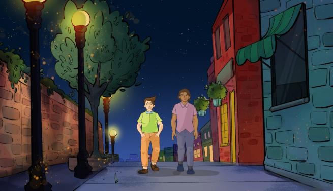 Two cartoon characters walk down a residential street lit by a street light