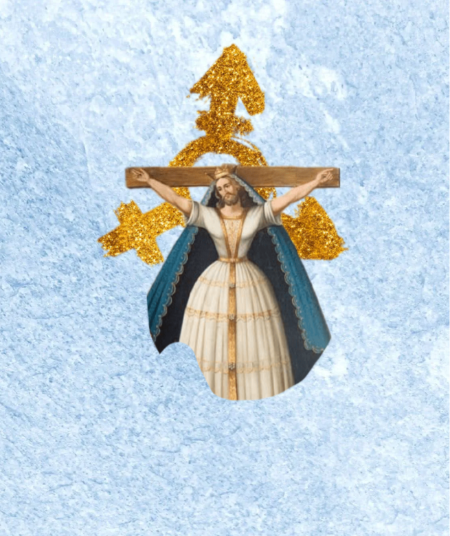 Saint Wilgafortis, a bearded woman in a white dress on a cross, wearing a blue veil and a small crown, a gold transgender symbol is behind her and all this is on a blue background with the texture of recycled paper