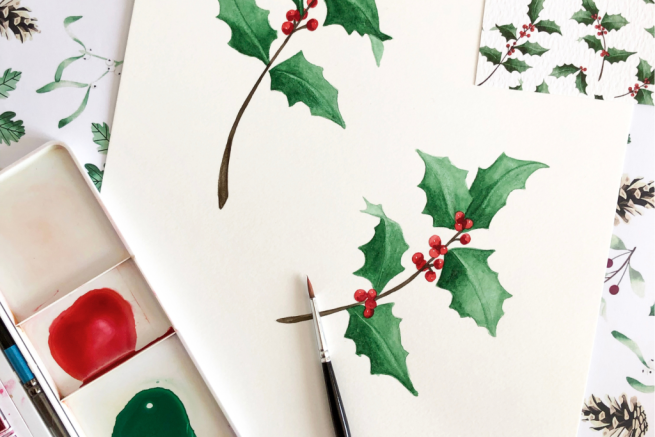A vibrant watercolor artwork showcasing holly leaves and berries, beautifully capturing their intricate details.