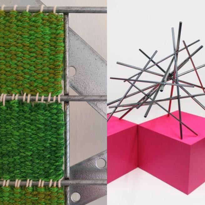 Metal sculpture with green weaving and pink plinths