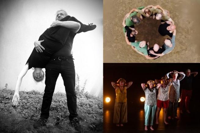 A collage of three photos, one of a person standing on grass, holding the other person upside down. One of a group huddled in a circle view from above. One of a group on stage, standing with their hands behind their neck.