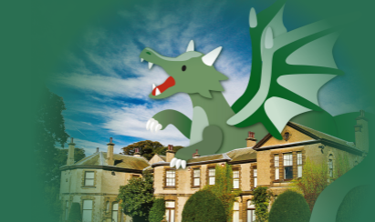 An illustration of a dragon superimposed on a photograph of a country house.