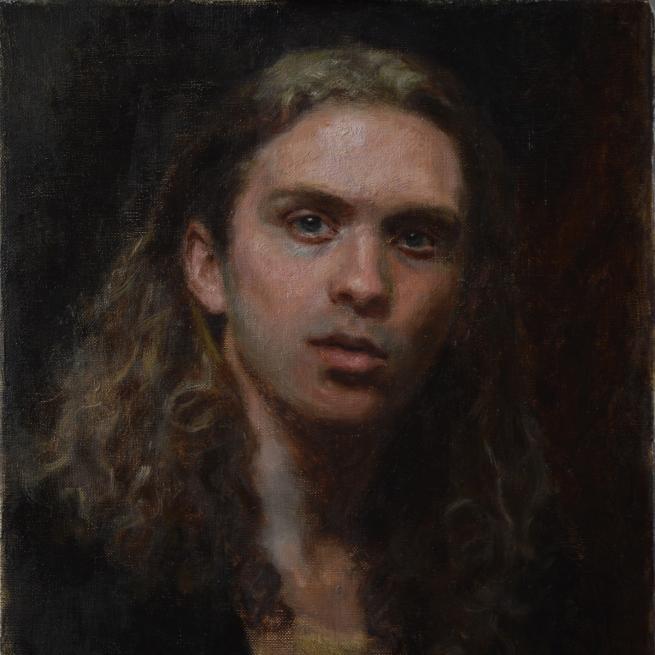 An oil painting of a man with long hair