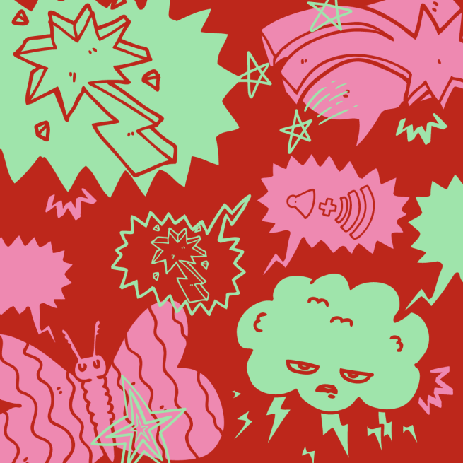 colourful doodles on a red background