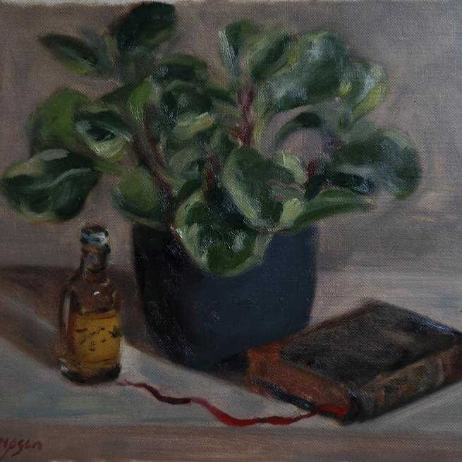 An oil painting of a plant in a grey pot, a book and a bottle