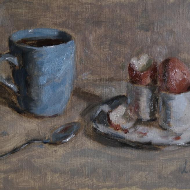 An oil painting of an egg cup and a mug with tea