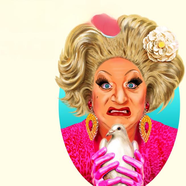 Coloured sketch of Myra DuBois grimacing in an oval frame holding a bird with a pale cream background;