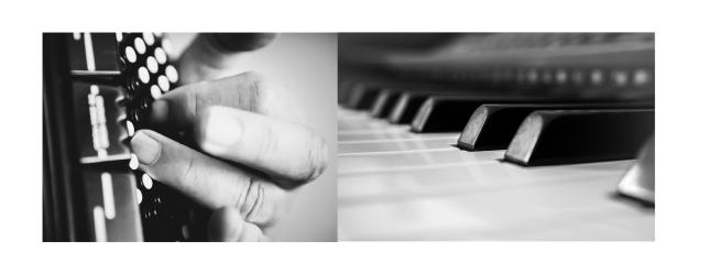 Two greyscale images. The first a close up of some fingers on an accordion keys, the second a close up of some piano keys