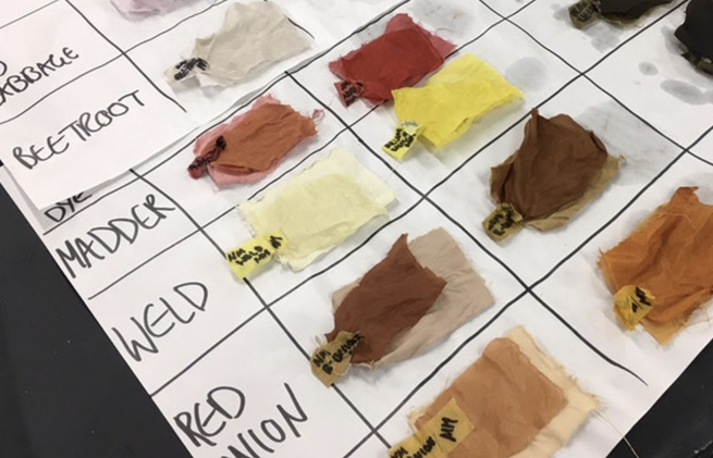 Image shows a chart of different dyed fabric swatches of different colours using natural dyes