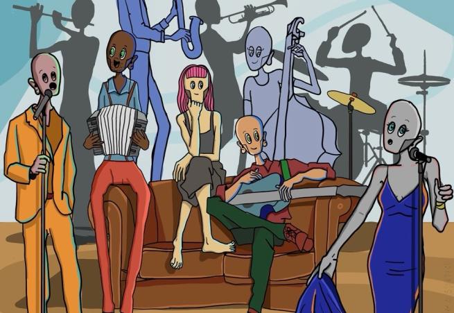 A cartoon of musicians festuring a woman with pink hair seated on a sofa. There is a singer, guitar player and in the background drummer trumpet and saxophone players.