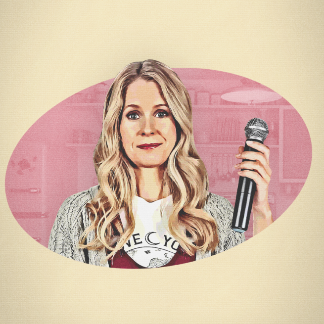 Cartoon illustration of Lucy Beaumont holding a microphone in her left hand. In dusty pink oval frame with a cream background.