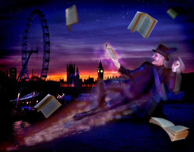 Photograph of a man flying through the London skyline of Big Ben and the London Eye. reading and surrounded by open books.
