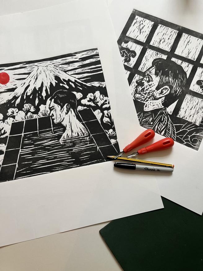 Image of a lino printing example - black and white print on paper