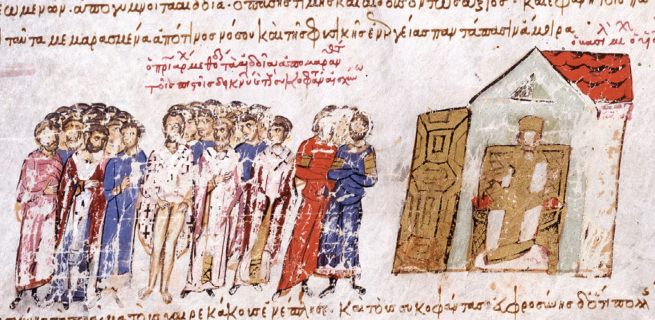 The Trial of Methodios from the Synopsis historiarium of Ioannes Scylitzes, Madrid, Biblioteca Nacional de España VITR/26/2, f. 66r.