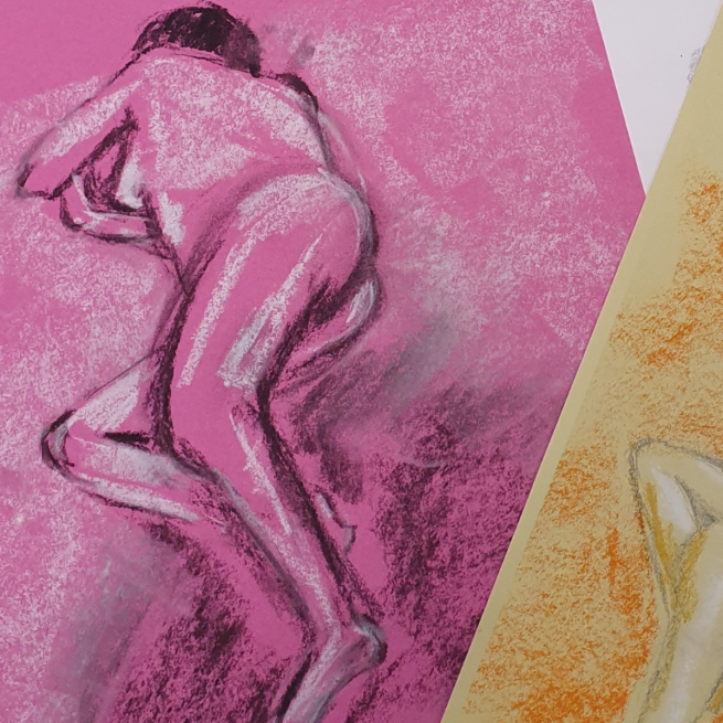 Drawing of a nude figure laying on their side on pink paper