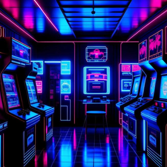 A picture of a darkened room lit with blue and pink neon and filled with old arcade game machines