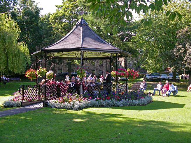 A bandstand in a park. 