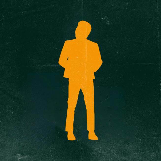Orange silhouette of a person on a black-green background.