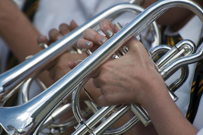 A close up image of a musician holding a cornet. 