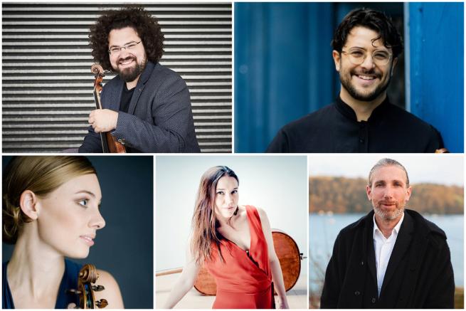 There are five people in the image, the first is a white man with a lot of dark curly hair, glasses and a beard. He's smiling and holding a violin, wearing  dark grey blazer. The second is a white man with shorter hair, glasses and a beard and is also smiling. The third is the side profile of a white woman with short blonde hair and holding a viola. She is looking to the right. The fourth is a white woman with long dark hair wearing a red dress in front of a cello. The fifth is a white man with long hair. 