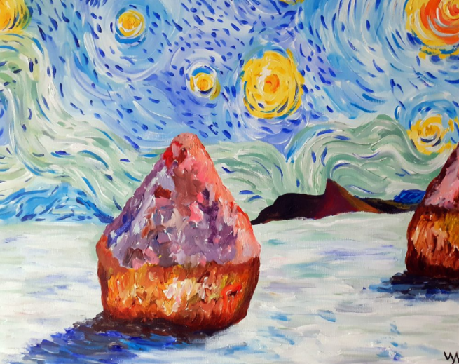 Bronze Monet haystacks sit on a snowy ground in the forefront. In the background the sky is blue and the windy wooshes from the left to the right side. The background is Van Gogh's Starry Night.