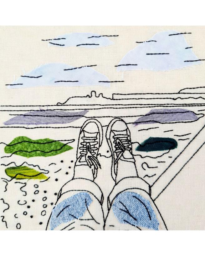 Hand stitched image of legs and shoes with the beach in the background