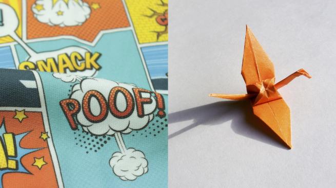 Comic book text on one side with words "poof!" and "smack!" in speech bubbles on one side and a picture of an orange paper floating animal on the other side.
