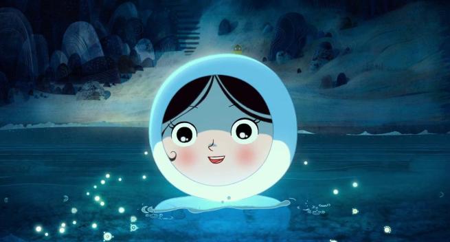 In anitmation style a girl with big eyes floats smiling int he sea with just ehr head above the water