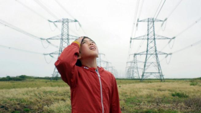 A person in a red anorak stands in a field between two electricity pylons and stares at the cloudy sky 