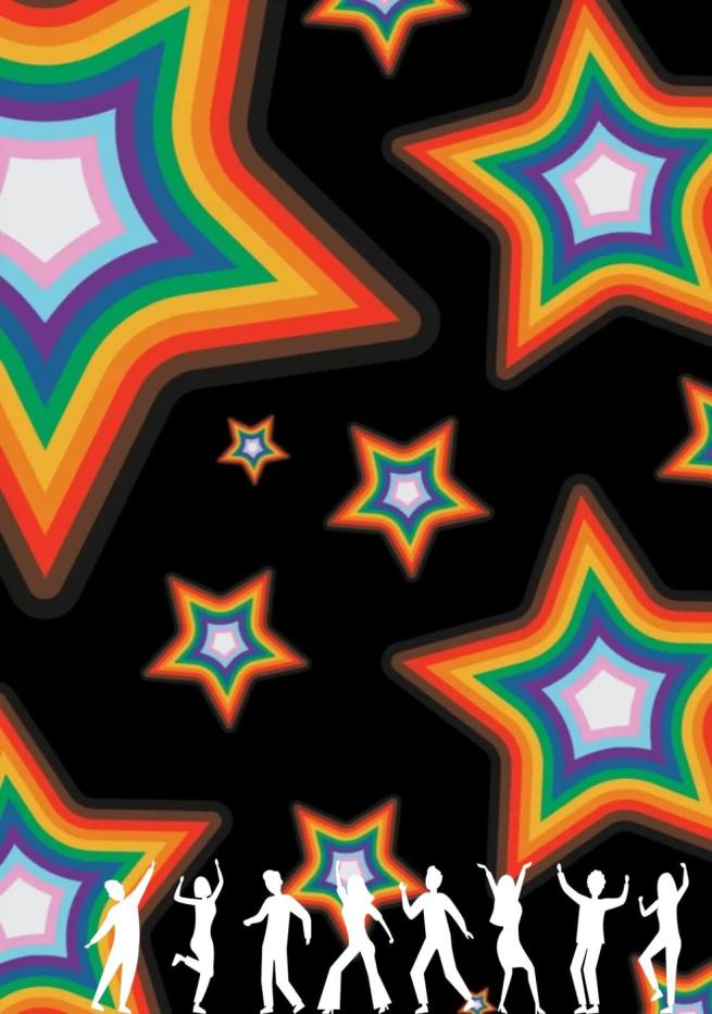 Different sized Pride flag coloured stars on a black background.  White silhouettes of dancing figures along the bottom of the image 