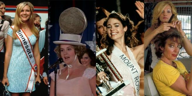 Collage of characters from the film. Girl with sash on smiling, one girl wearing a hat topped with huge ball of yarn on top. 3rd girl holding a huge trophy smiling. Two women blonde lady is stood doing her friends hair 