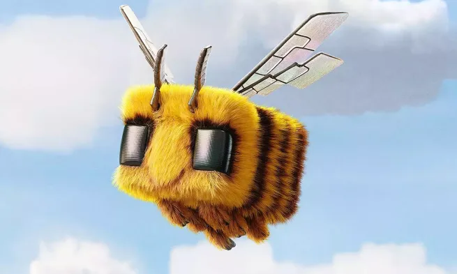 A CGI cuboid bee flying.
