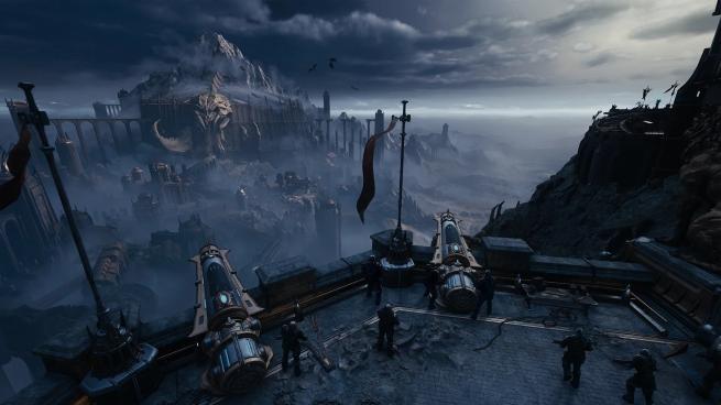 Image from the video game DOOM: The Dark Ages showing an atmospheric medieval city