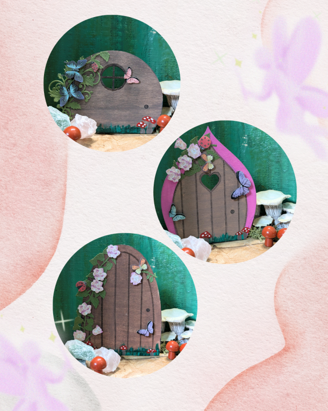Three brown fairy doors decorated differently with butterflies, mushrooms and crystals.