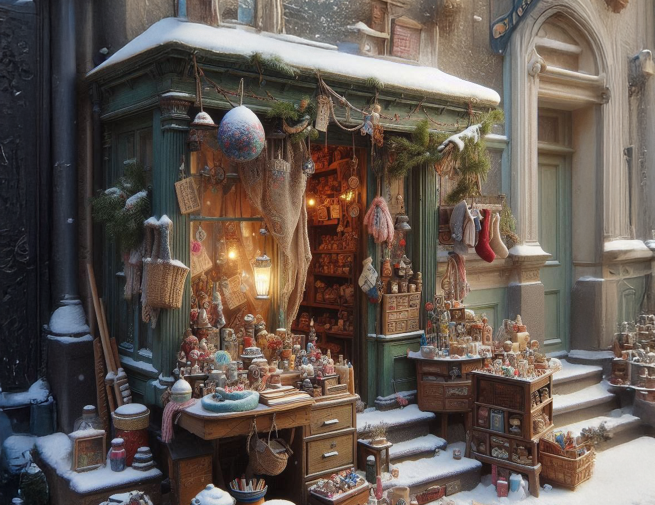 The outside of a cosy shop with snow.