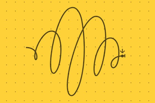 A yellow rectangle with black dot grid. A black line squiggles accross ending at a point with an arrow pointing to it.