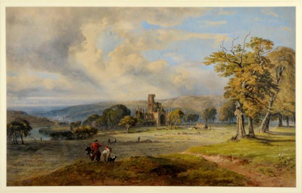 George Fripp painting of Kirkstall Abbey, 1860. Lush green grass and a green tree on the right in the foreground, with the abbey in the centre and blue skies above. Livestock can be seen in front of the Abbey.