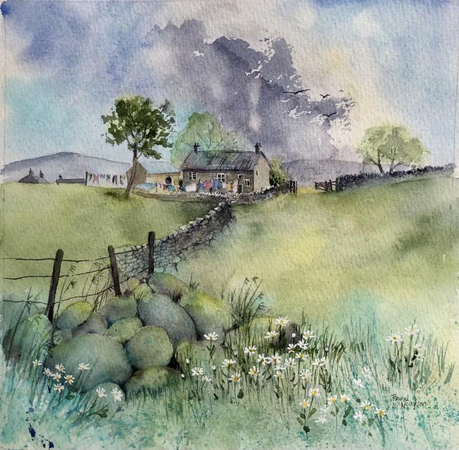 A landscape watercolour of a Yorkshire Dales hillside farm on washday
