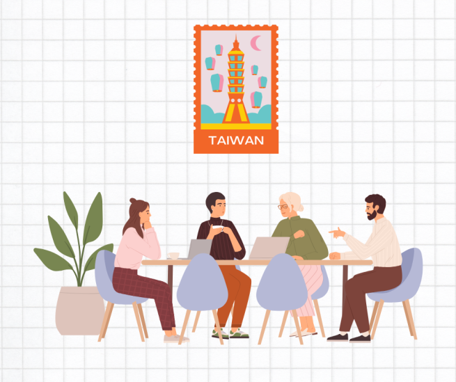 Four people chatting in a chill vibe under a Taiwan-themed stamp with lanterns and a pagoda.