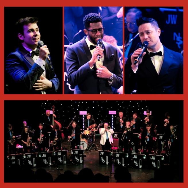 Promotional image for Songs from the Rat Pack including images of the Northern Swing Orchestra in action.